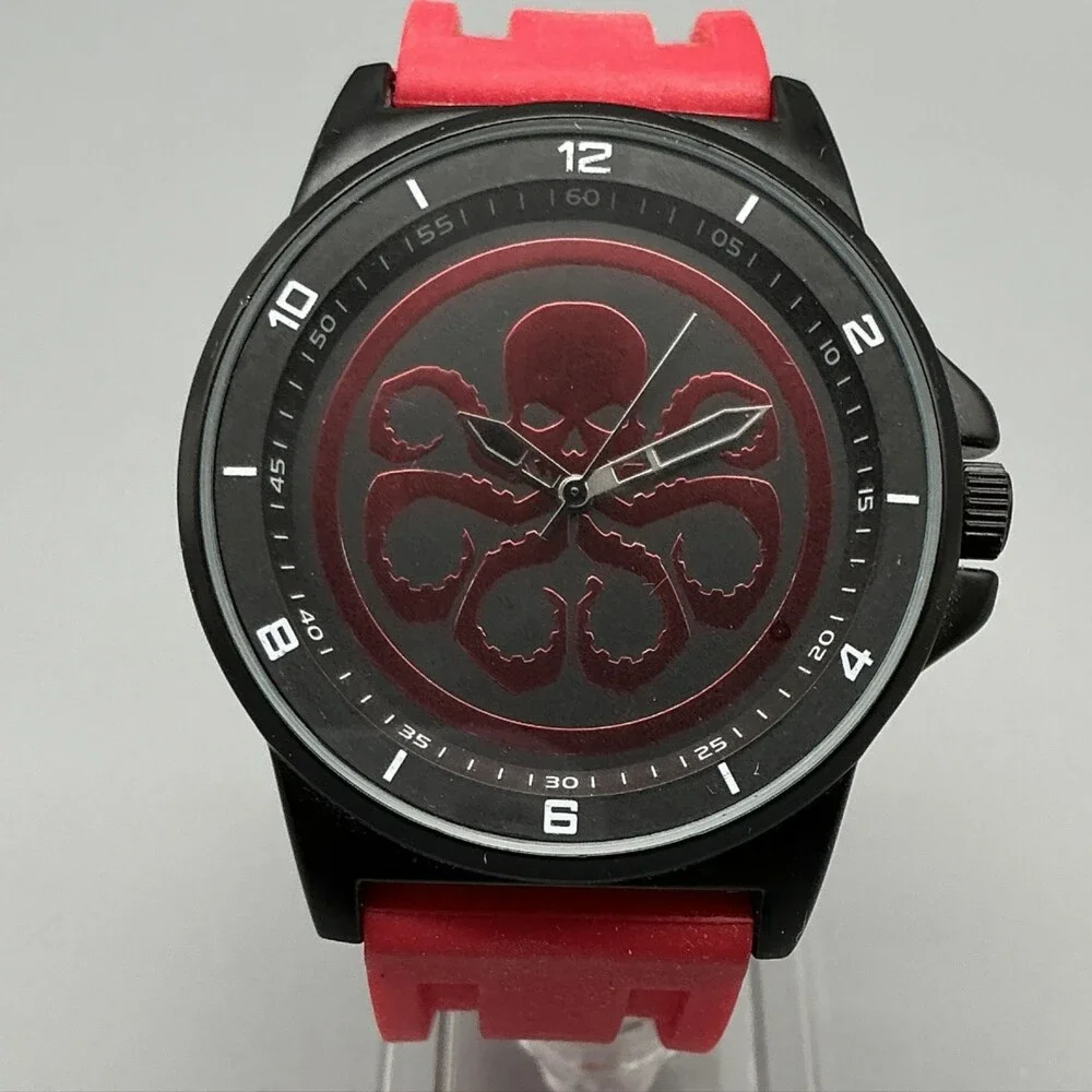 Marvel Mens Watch 42mm Black Hydra Logo Dial Red Silicone AAV1361 New Battery